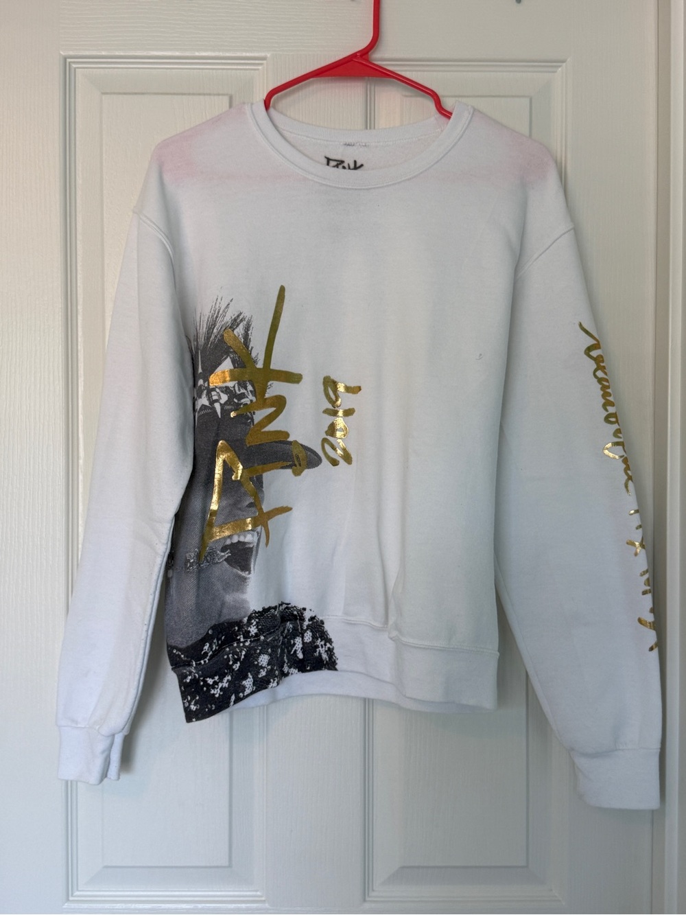 Pink 2019 world tour White Graphic Sweatshirt with Gold Foil Accents